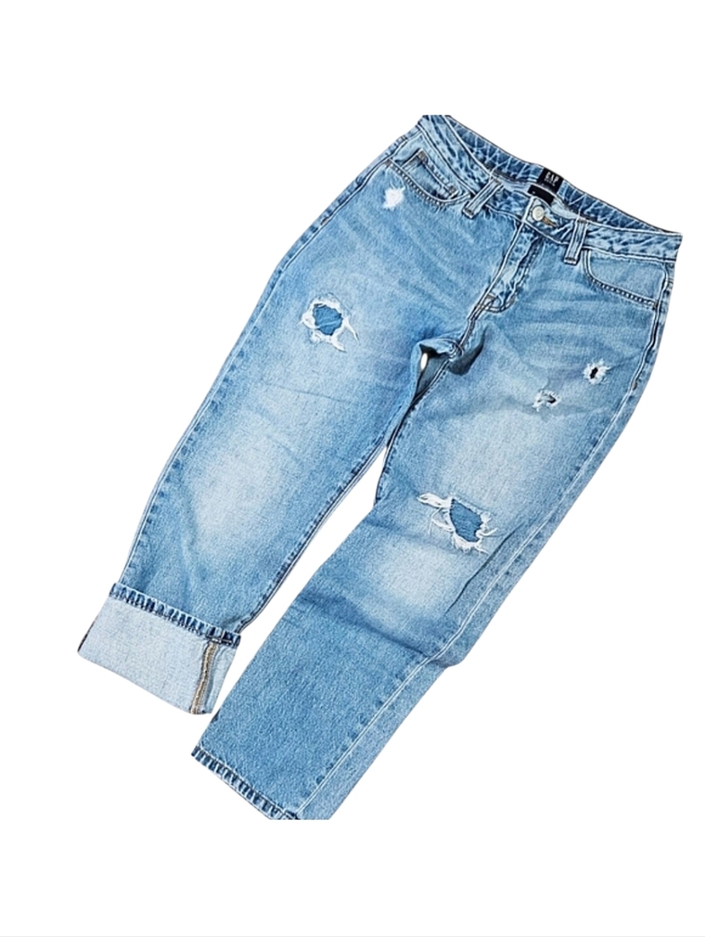 Gap Denim Distressed Patch Light Wash Relaxed Fit Girlfriend Ankle Length Jeans